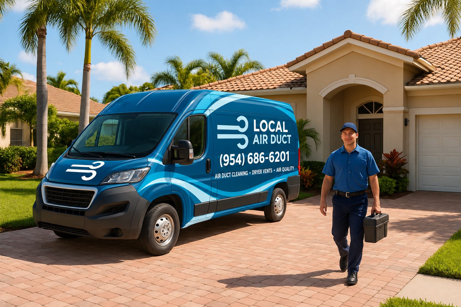 Local Air Duct van with branded wrap and (954) 686-6201 phone number