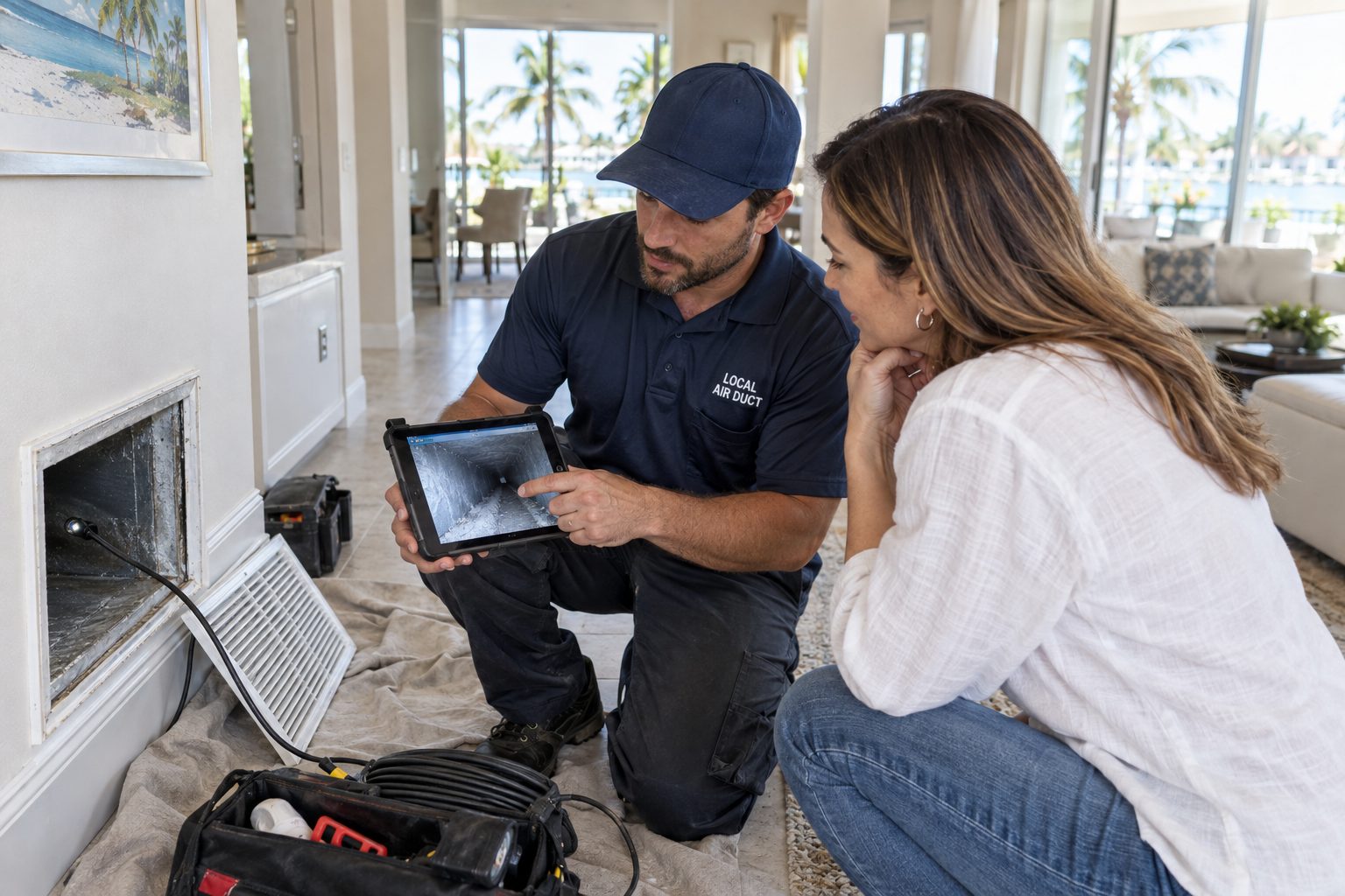 A Local Air Duct technician reviewing duct camera inspection photographs with a homeowner