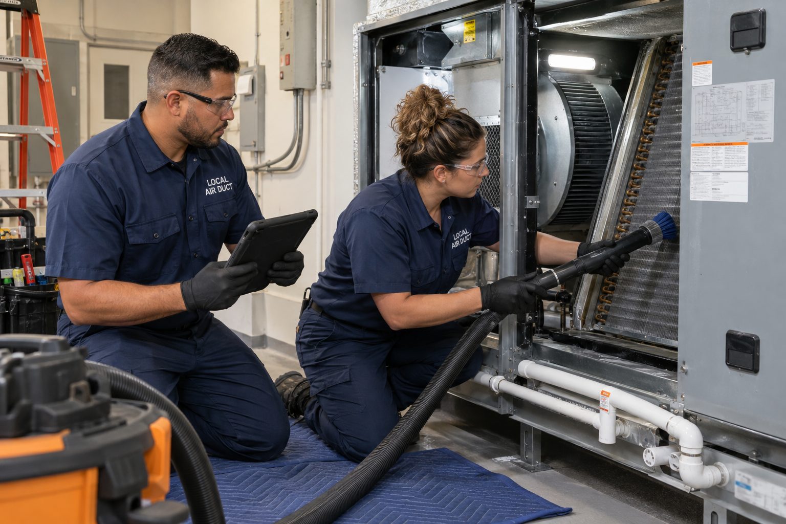 Local Air Duct technicians servicing an accessible coil and blower assembly