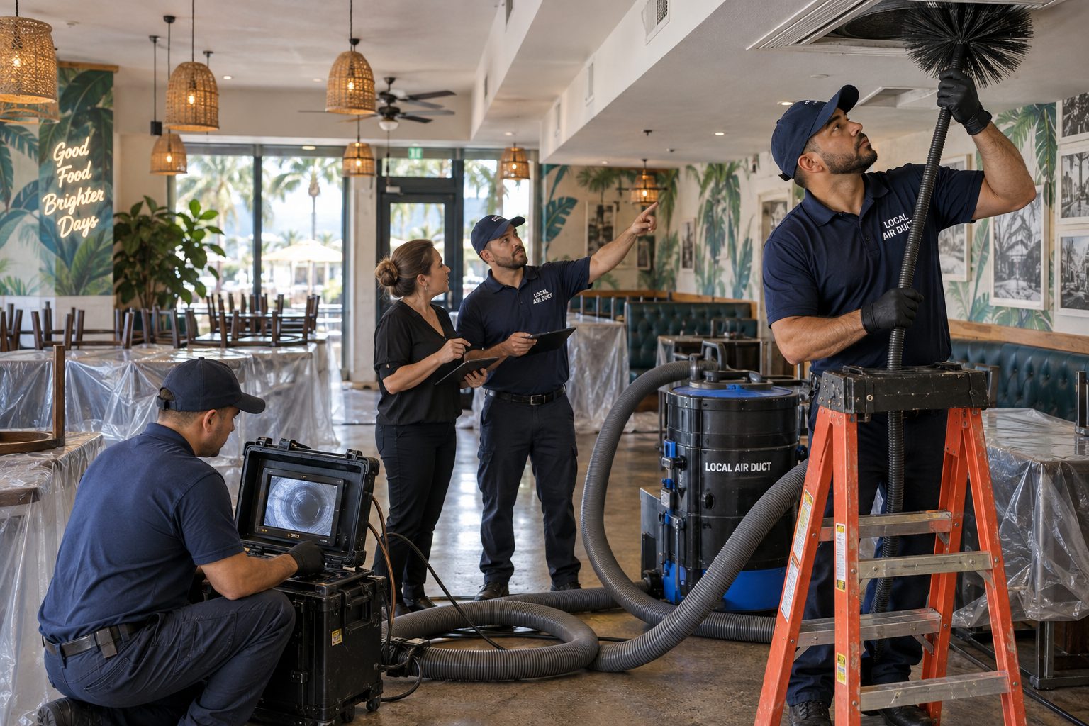 Local Air Duct technicians cleaning a commercial ventilation system before business hours