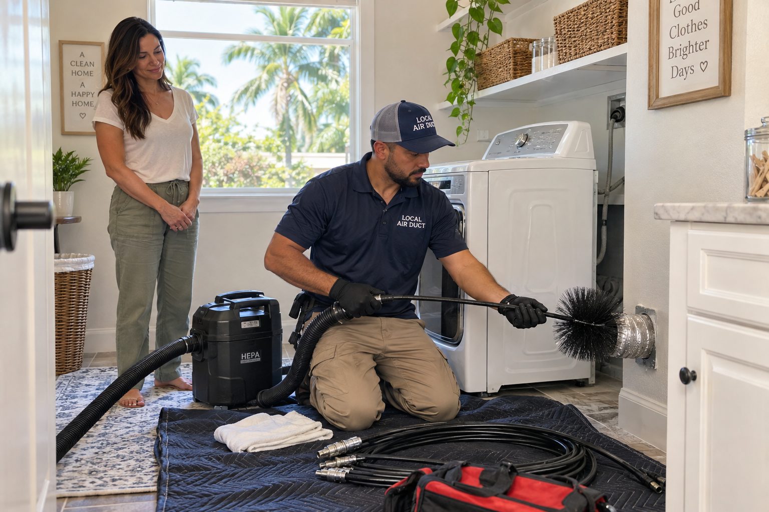 A Local Air Duct technician cleaning a residential dryer vent with professional equipment