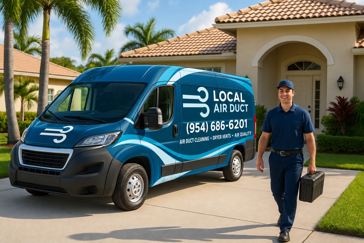 Local Air Duct van with branded wrap and (954) 686-6201 phone number